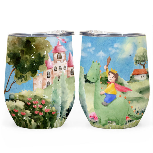 All-Over Print Egg Cup Wine Tumbler|12OZ Boy, Watercolor, Castle, Dragon, Garden, Prince, Crown, Cape, Wooden Sword, Clouds (Designed by Dunbi)