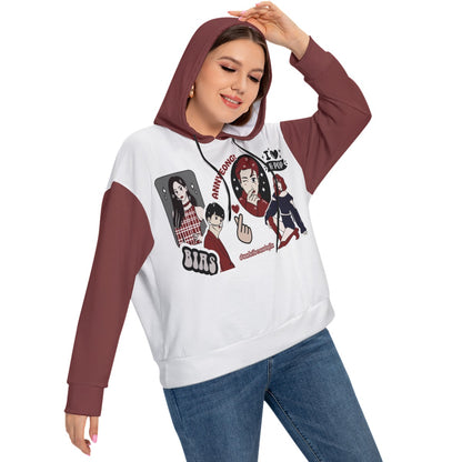 All-Over Print Women's Long Sleeve Sweatshirt With Hood(Plus Size) Kpop Inspired, Itzy, BTS, BLACKPINK, Annyeong, Bias, I Love Kpop, Marble, Black and Red, Idol Ryujin, Jin (Designed by Dunbi)