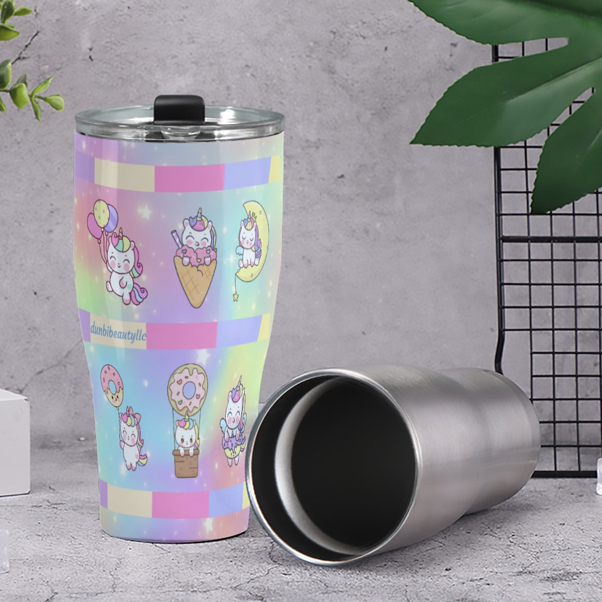 Cone Tumbler 30oz Kawaii Unicorn, Pastel Rainbow, Clouds, Pink, Purple, Blue, Yellow, Sleepy Unicorn, Hungry Unicorn, Moon, Candy, Donuts, Ice Cream (Designed by Dunbi)