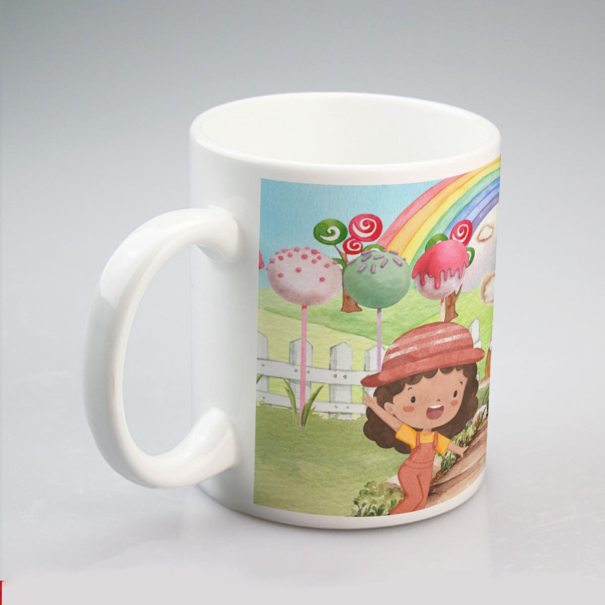 All-over print mug Watercolor, Candy, Pastel, Lollypops, Chocolate, Treats, Dessert, Girls, Friends, Rainbow, Candy Shop, Hot Air Balloon, Cake Pops, Chocolate Clouds (Designed by Dunbi)