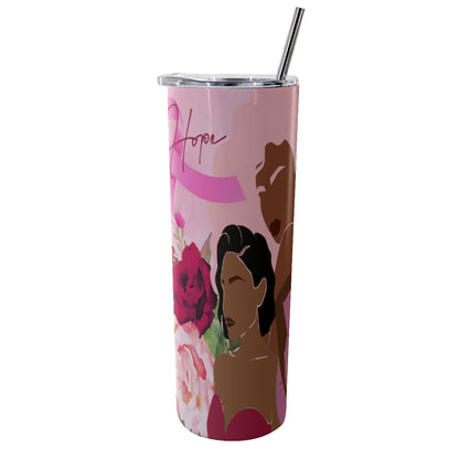 Glitter Tumbler With Stainless Steel Straw 20oz Unity, Hope, Pink, Hot Pink, Burgundy, Roses, Breast Cancer Awareness, Women, Black, Hispanic, White, Hair, Smooth (Designed by Dunbi)