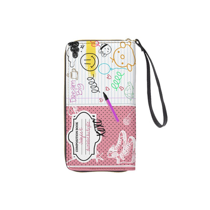 Long Wallet With Black Hand Strap Back to School, Composition Notebook Style, Doodles, Scribbles, Writing, Girl, Pink (Designed by Dunbi)