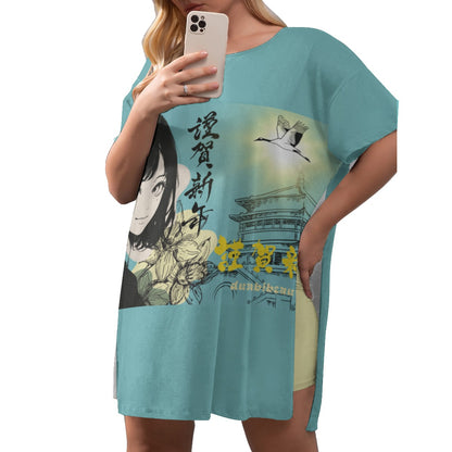 All-Over Print Women's Drop-Shoulder T-Shirt with Side Split and Shorts (Plus Size) Japan, Japanese, Yellow, Blue, Day, Early Morning, Sunny Day, Crane, Architecture, Pretty Girl, Tiger, Kanji (Designed by Dunbi)