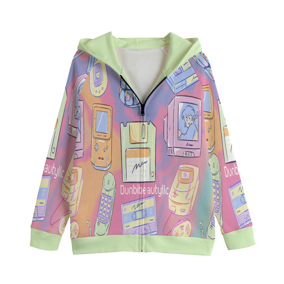 All-Over Print Kid's Zip Up Raglan Sleeve Hoodie | 310GSM Cotton Kawaii, Retro, Anime, 90's Themed, Sherbet Colors, Pastel (Designed by Dunbi)