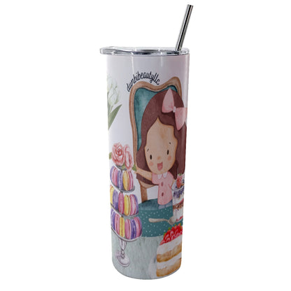 Glitter Tumbler With Stainless Steel Straw 20oz Girl, Tea Party, Happy, Cute, Cake, Macarons, Cupcake, Tea, Snacks, Party, Bow, Parfait, Dessert (Designed by Dunbi)