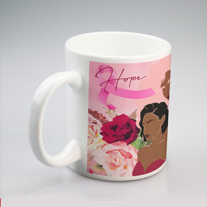 All-over print mug Unity, Hope, Pink, Hot Pink, Burgundy, Roses, Breast Cancer Awareness, Women, Black, Hispanic, White, Hair, Smooth (Designed by Dunbi)