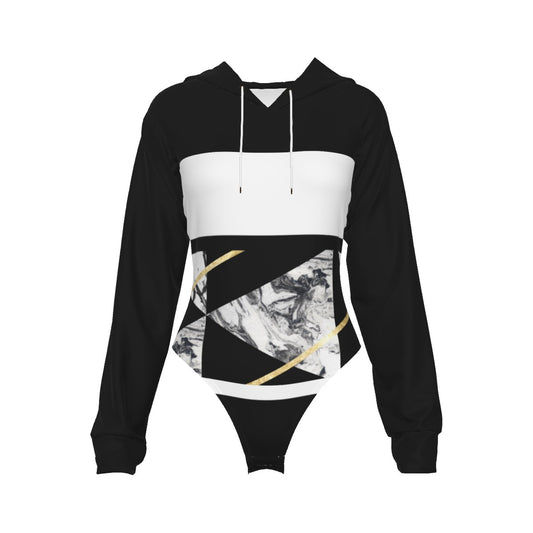 All-Over Print Women's Raglan Sleeve Hooded Bodysuit Black (Upper Chest and Back, and Sleeves), Gold, White, Marble, Geometric, 90s Inspired, Retro (Designed by Dunbi)