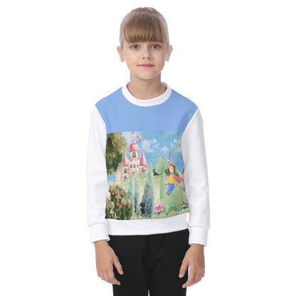 All-Over Print Kid's Sweatshirt Boy, Watercolor, Castle, Dragon, Garden, Prince, Crown, Cape, Wooden Sword, Clouds (Designed by Dunbi)