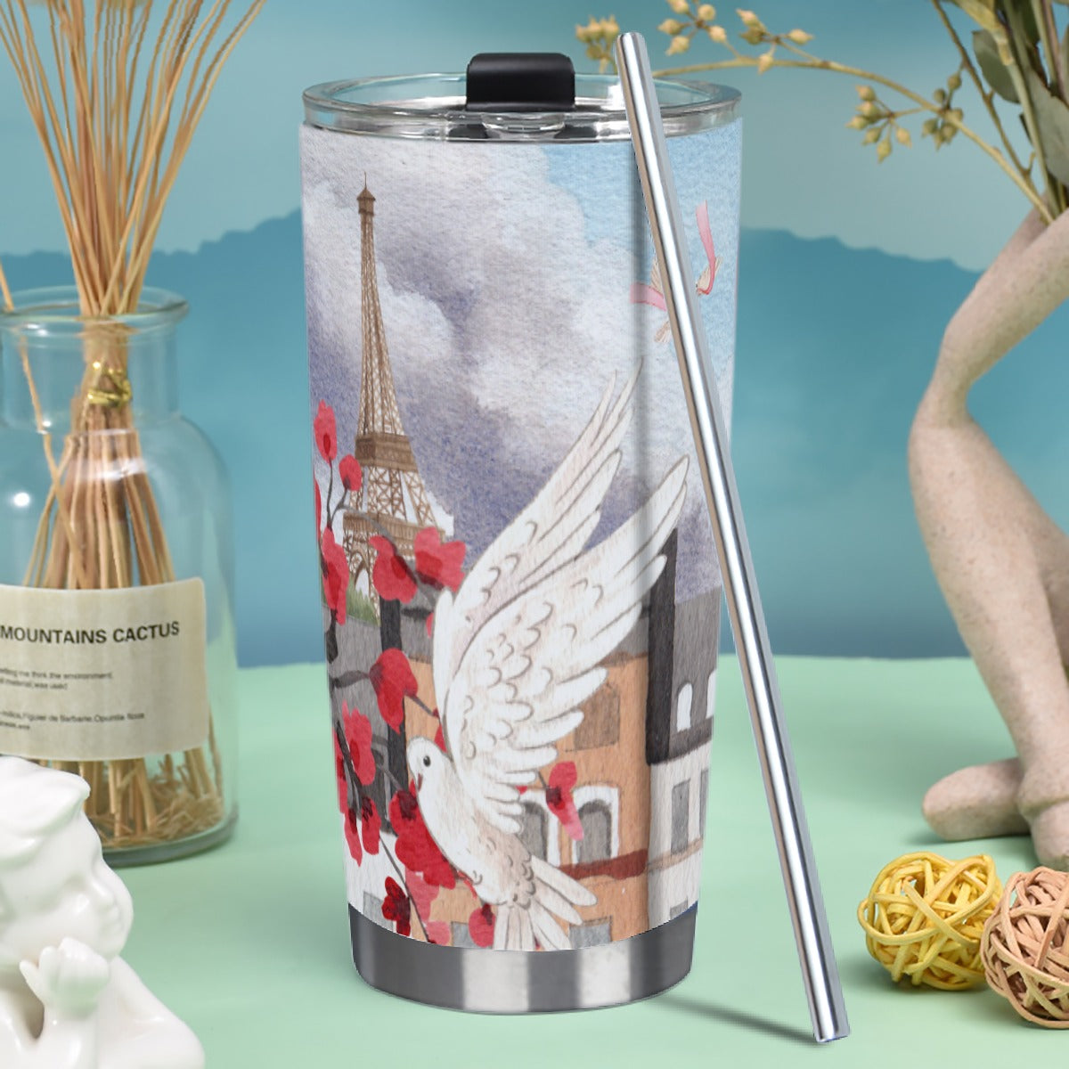 Tumbler 20oz (with Straw) Love Up in a Hot Air Balloon, Paris, Eiffel Tower, Dove, Flowers, Girl, Sky, Hearts (Designed by Dunbi)