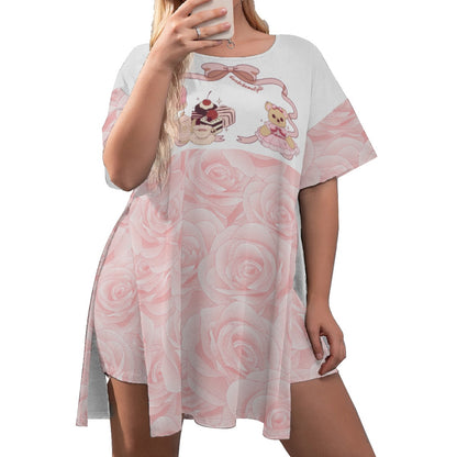 All-Over Print Women's Drop-Shoulder T-Shirt with Side Split and Shorts (Plus Size) Cute Teddy Bear, Tea Party, Ribbon, Bows, Cakes, Cute, Victorian, Doll, Cute Girl, Pink Style 2, Roses (Designed by Dunbi)