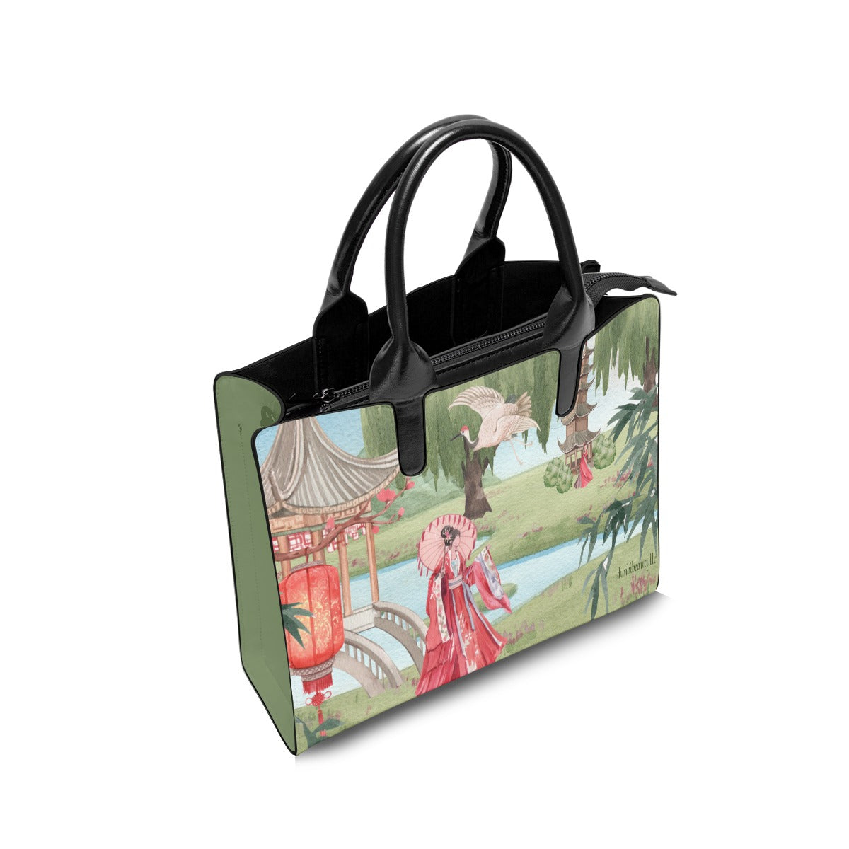 Fashion Square Tote Bag Asian Garden, Beauty, Peace, Serenity, Home, Happiness, Crane, River, Historic, Chinese Dynasty, Hanfu (Designed by Dunbi)