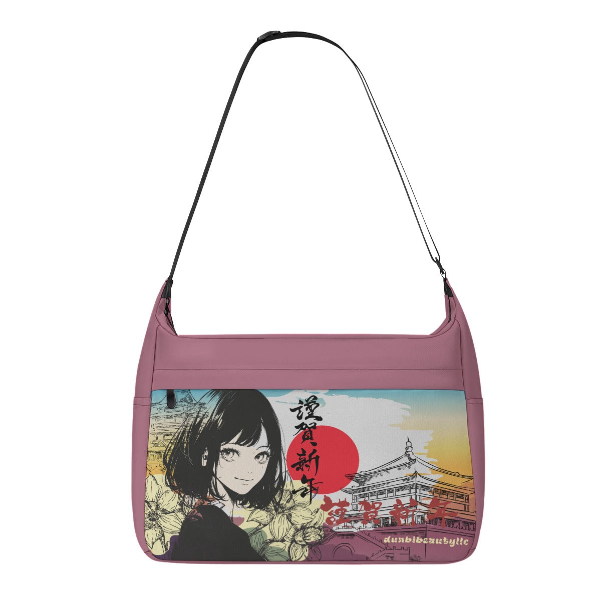 Messenger Bag Japan, Japanese, Yellow, Blue, Purple, Orange, Day, Early Morning, Sunrise, Japan Flag, Sunrise Rainbow, Crane, Architecture, Pretty Girl, Tiger, Kanji (Designed by Dunbi)