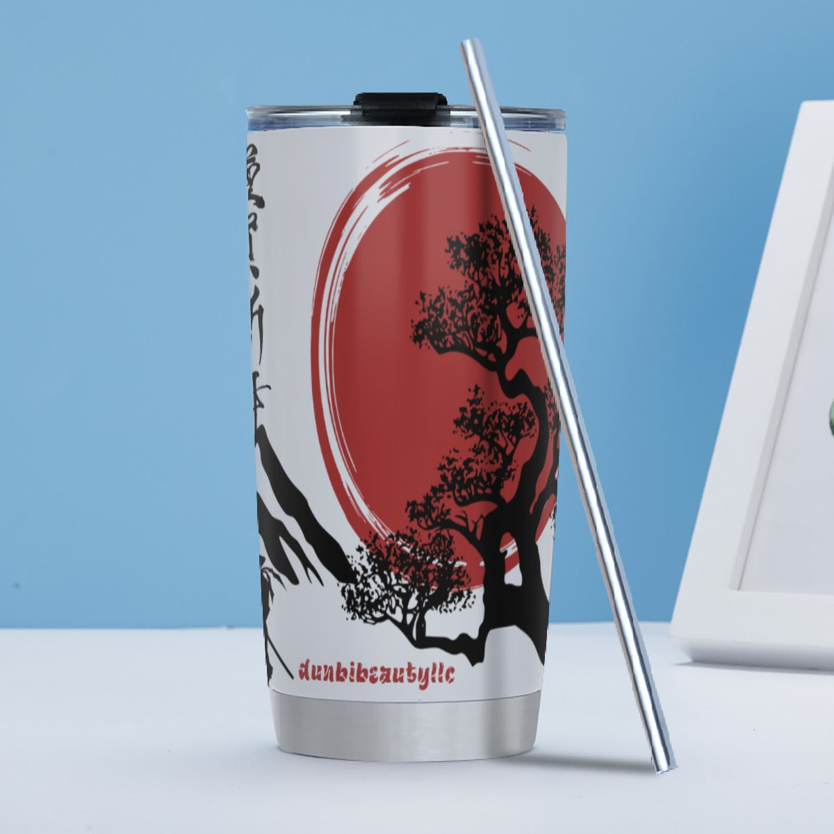 Tumbler 20oz (with Straw) Japan, Japanese, Red, Samurai, Pretty Girl, Tiger, Kanji, Mountains (Designed by Dunbi)