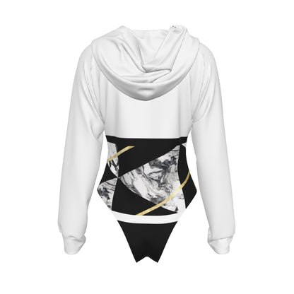 All-Over Print Women's Raglan Sleeve Hooded Bodysuit Black, Gold, White (Upper Body Only), Marble, Geometric, 90s Inspired, Retro (Designed by Dunbi)