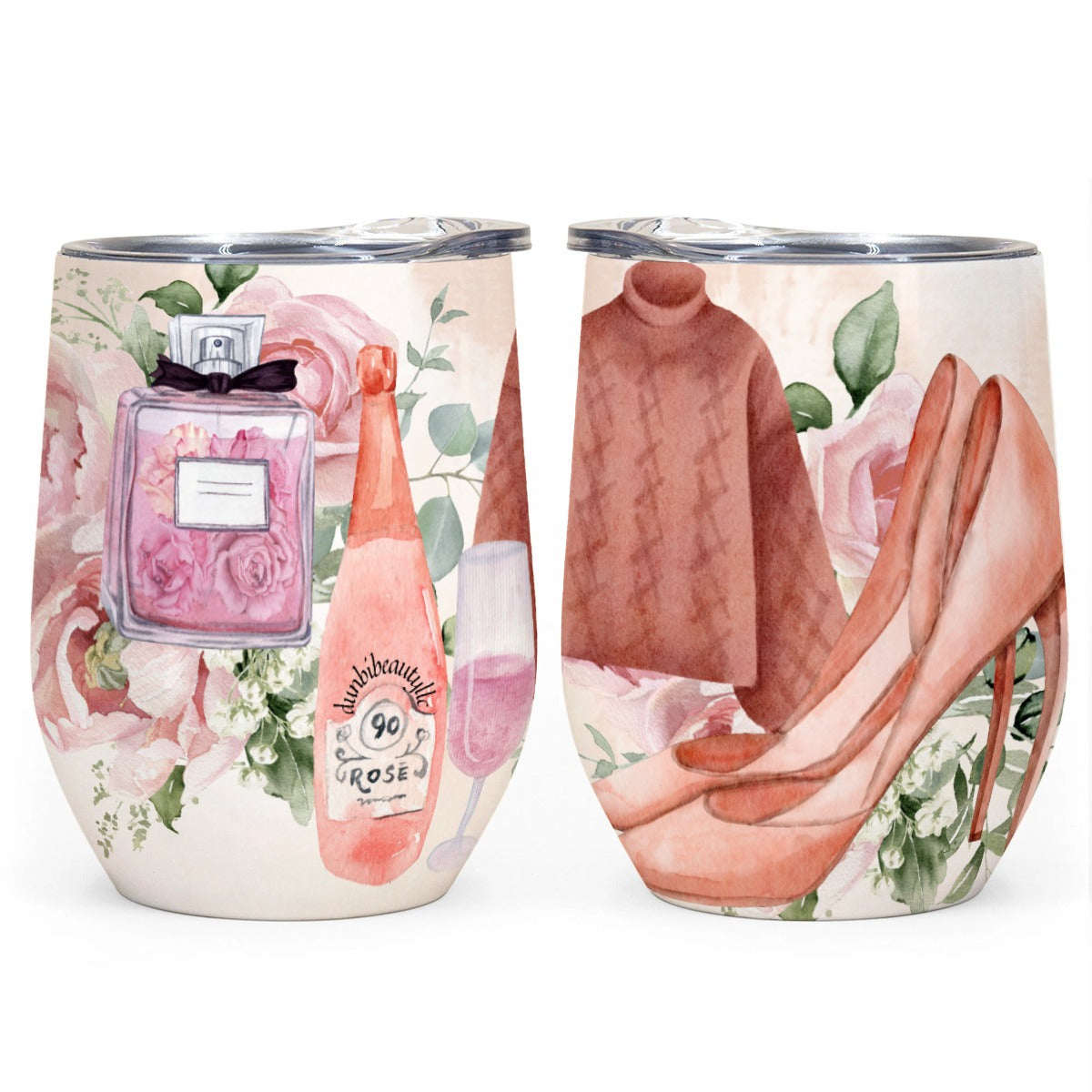 All-Over Print Egg Cup Wine Tumbler|12OZ  Dusty Rose, Pink, Perfume, High Heels Champagne & Roses, Aesthetic, Feminine, Fashion (Designed by Dunbi)