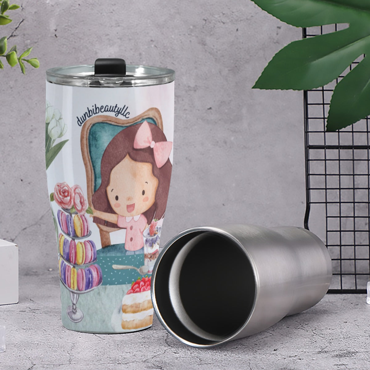 Cone Tumbler 30oz Girl, Tea Party, Happy, Cute, Cake, Macarons, Cupcake, Tea, Snacks, Party, Bow, Parfait, Dessert (Designed by Dunbi)