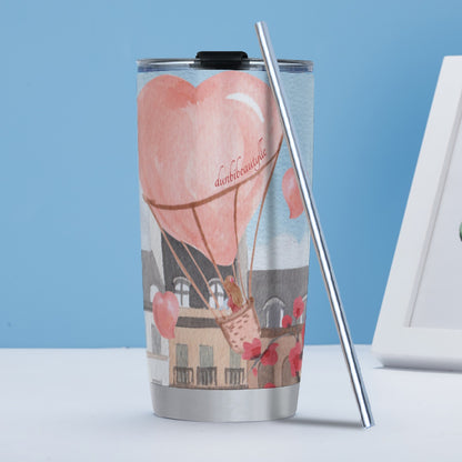 Tumbler 20oz (with Straw) Love Up in a Hot Air Balloon, Paris, Eiffel Tower, Dove, Flowers, Girl, Sky, Hearts (Designed by Dunbi)