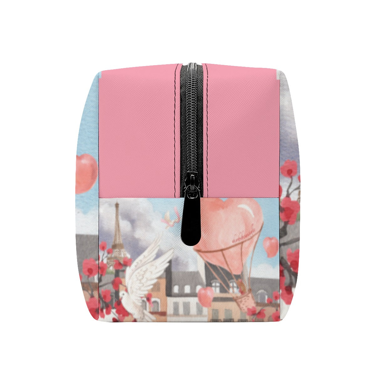 PU Cosmetic Bag Love Up in a Hot Air Balloon, Paris, Eiffel Tower, Dove, Flowers, Girl, Sky, Hearts, Baby Pink w/Side Images (Designed by Dunbi)