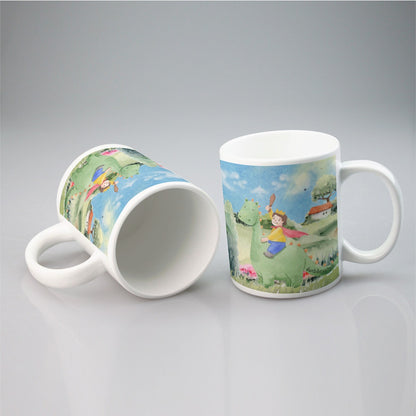 All-over print mug Boy, Watercolor, Castle, Dragon, Garden, Prince, Crown, Cape, Wooden Sword, Clouds (Designed by Dunbi)