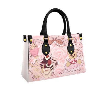 Women's Tote Bag With Black Handle Cute Teddy Bear, Tea Party, Ribbon, Bows, Cakes, Cute, Victorian, Doll, Cute Girl, Pink Style 2/1, Roses and Stripes (Designed by Dunbi)