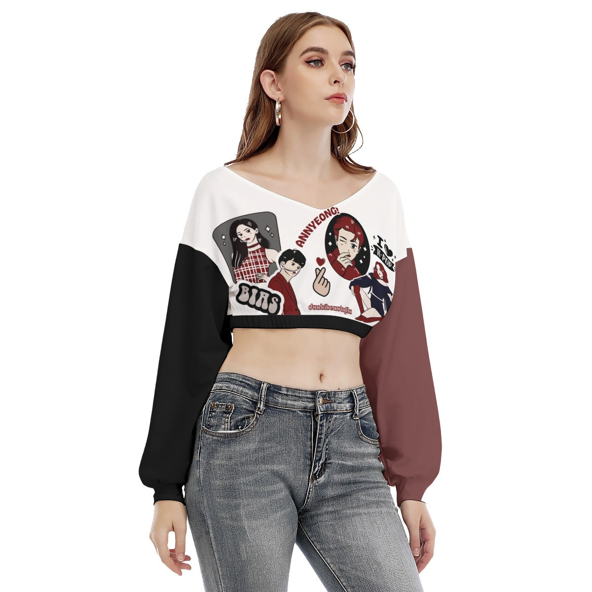 All-Over Print Women's V-neck Long Sleeve Cropped Sweatshirt Kpop Inspired, Itzy, BTS, BLACKPINK, Annyeong, Bias, I Love Kpop, Marble, Black and Red, Idol Ryujin, Jin (Designed by Dunbi)