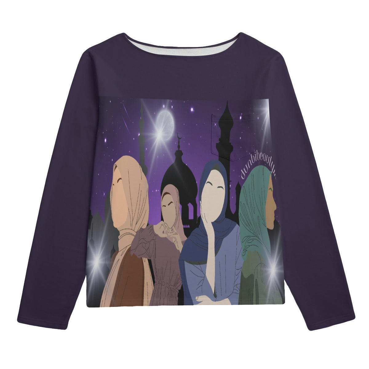 All-Over Print Unisex Boat Neckline Sweatshirt With Chest Pocket | 310GSM Cotton Muslim Women, Arabian Moonlit Night, Evening, Friendship (Designed by Dunbi)