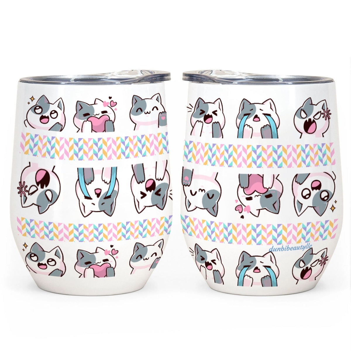 All-Over Print Egg Cup Wine Tumbler|12OZ Kawaii Cat, Anime Style, Cartoon, Emotions, Happy, Sad, Angry, Laughing, White Background (Designed by Dunbi)