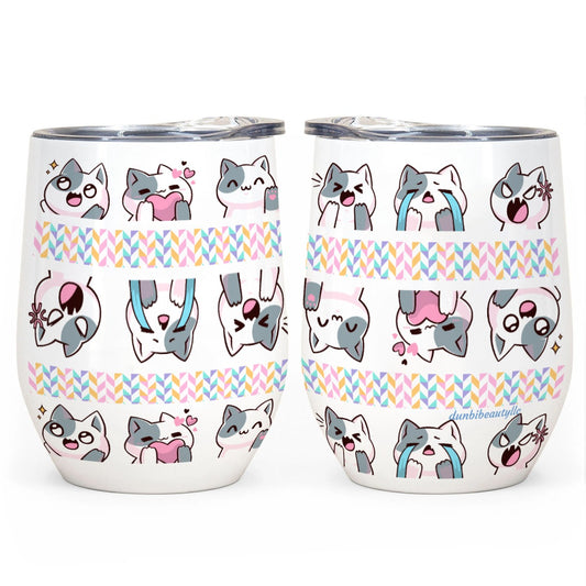 All-Over Print Egg Cup Wine Tumbler|12OZ Kawaii Cat, Anime Style, Cartoon, Emotions, Happy, Sad, Angry, Laughing, White Background (Designed by Dunbi)