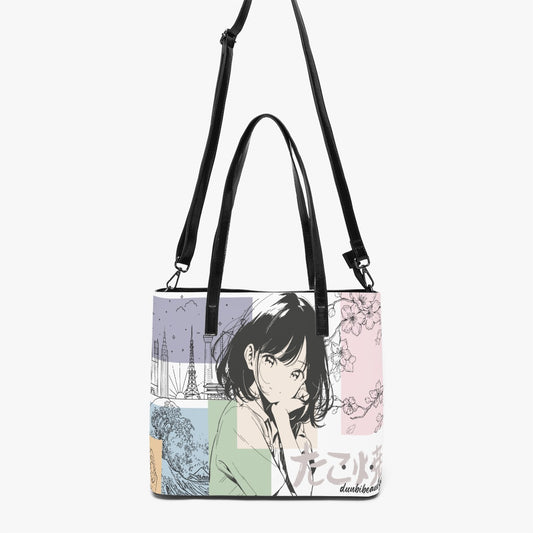 Double-Side Printing PU Tote Bag Japanese, Japan, Girl, Kawaii, Cute, Anime, Manga Style, Peace, Sushi, Tokyo, Cherry Blossoms (Designed by Dunbi)