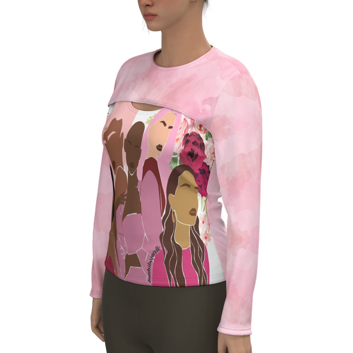 All-Over Print Women's Two-piece Sport Sweatshirt Unity, Hope, Pink, Hot Pink, Burgundy, Roses, Breast Cancer Awareness, Women, Black, Hispanic, White, Hair, Smooth (Designed by Dunbi)