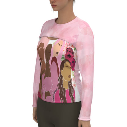 All-Over Print Women's Two-piece Sport Sweatshirt Unity, Hope, Pink, Hot Pink, Burgundy, Roses, Breast Cancer Awareness, Women, Black, Hispanic, White, Hair, Smooth (Designed by Dunbi)