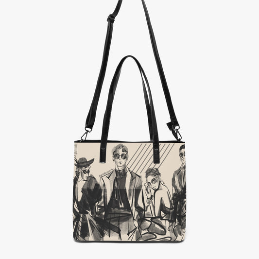 Double-Side Printing PU Tote Bag Vintage-Modern, Fashion Forward Men & Women, Charcoal Art Style, Geometric, Chic, Stylish, Avant Garde, Runway (Designed by Dunbi)