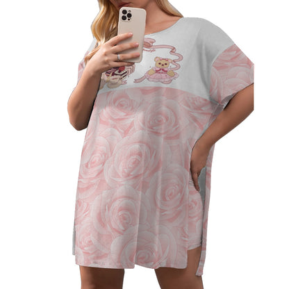 All-Over Print Women's Drop-Shoulder T-Shirt with Side Split and Shorts (Plus Size) Cute Teddy Bear, Tea Party, Ribbon, Bows, Cakes, Cute, Victorian, Doll, Cute Girl, Pink Style 2, Roses (Designed by Dunbi)