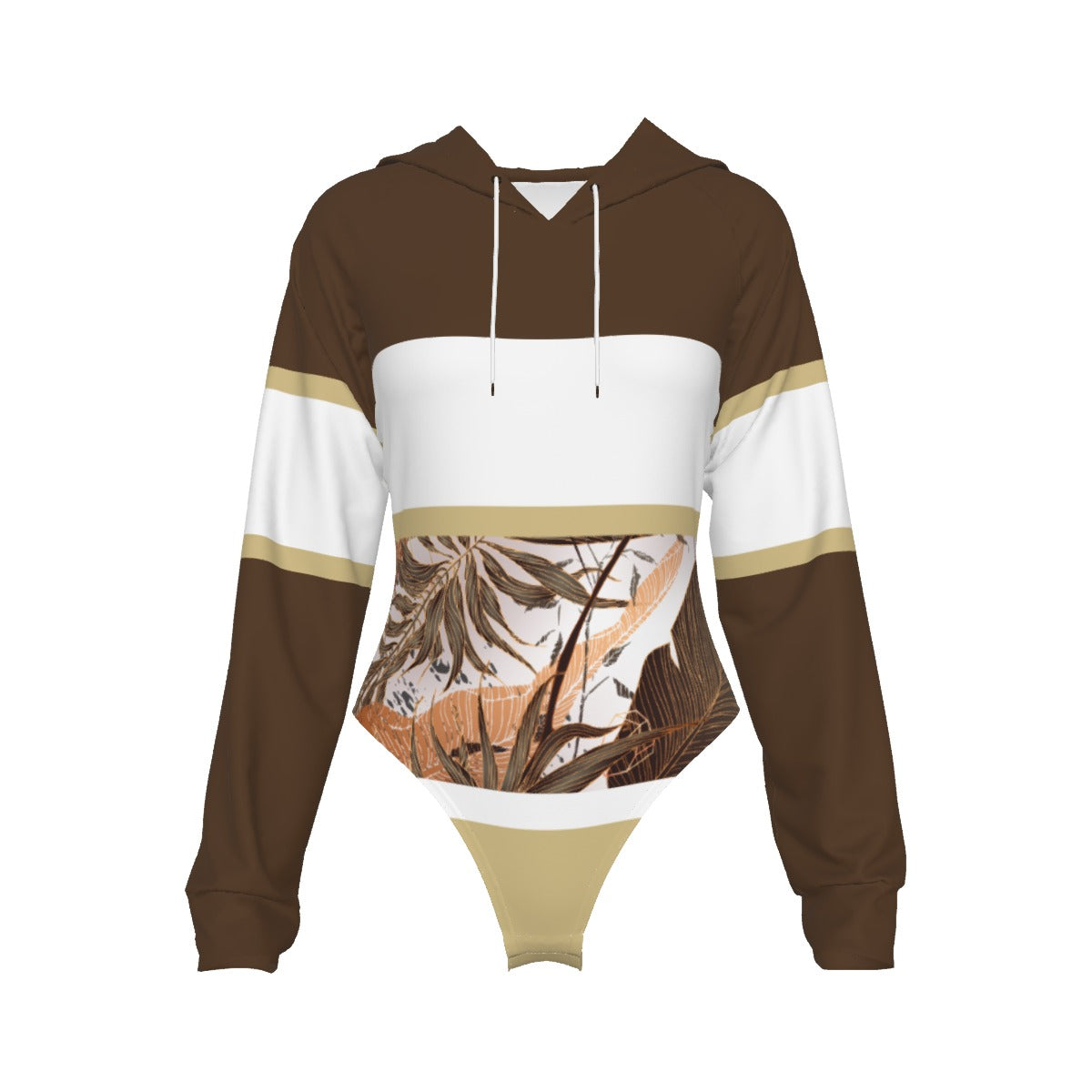 All-Over Print Women's Raglan Sleeve Hooded Bodysuit Dark Brown (Chest, Upper Back, Sleeves and Hood), Beige, White, Copper Gradient Leaves, Tropical, Rustic (Designed by Dunbi)