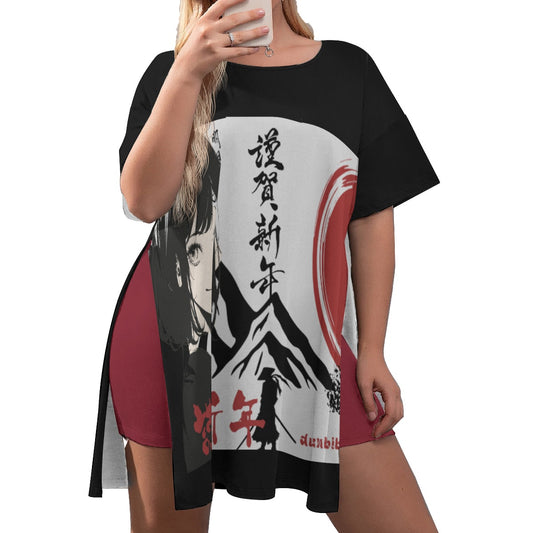 All-Over Print Women's Drop-Shoulder T-Shirt with Side Split and Shorts (Plus Size) Japan, Japanese, Red, Samurai, Pretty Girl, Tiger, Kanji, Mountains (Designed by Dunbi)