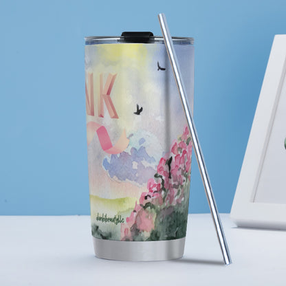 Tumbler 20oz (with Straw) Pastel Pink, Breast Cancer Awareness, Open Field, Day, Birds, Flowers, Bows and Ribbons, Watercolor Sunlight (Designed by Dunbi)