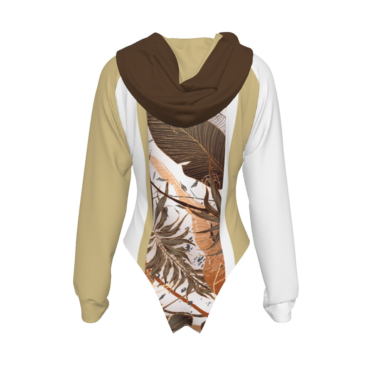 All-Over Print Women's Raglan Sleeve Hooded Bodysuit Dark Brown (Hood Only), Beige, White, Copper Gradient Leaves, Tropical, Rustic (Designed by Dunbi)