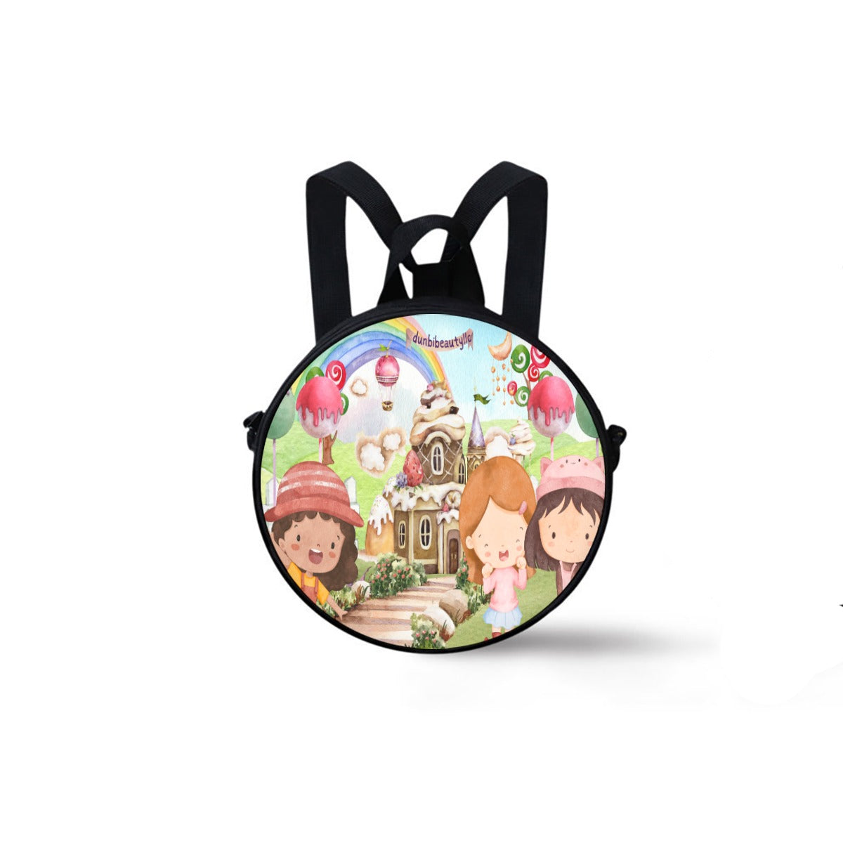 Children's Round School Bag Watercolor, Candy, Pastel, Lollypops, Chocolate, Treats, Dessert, Girls, Friends, Rainbow, Candy Shop, Hot Air Balloon, Cake Pops, Chocolate Clouds (Designed by Dunbi)