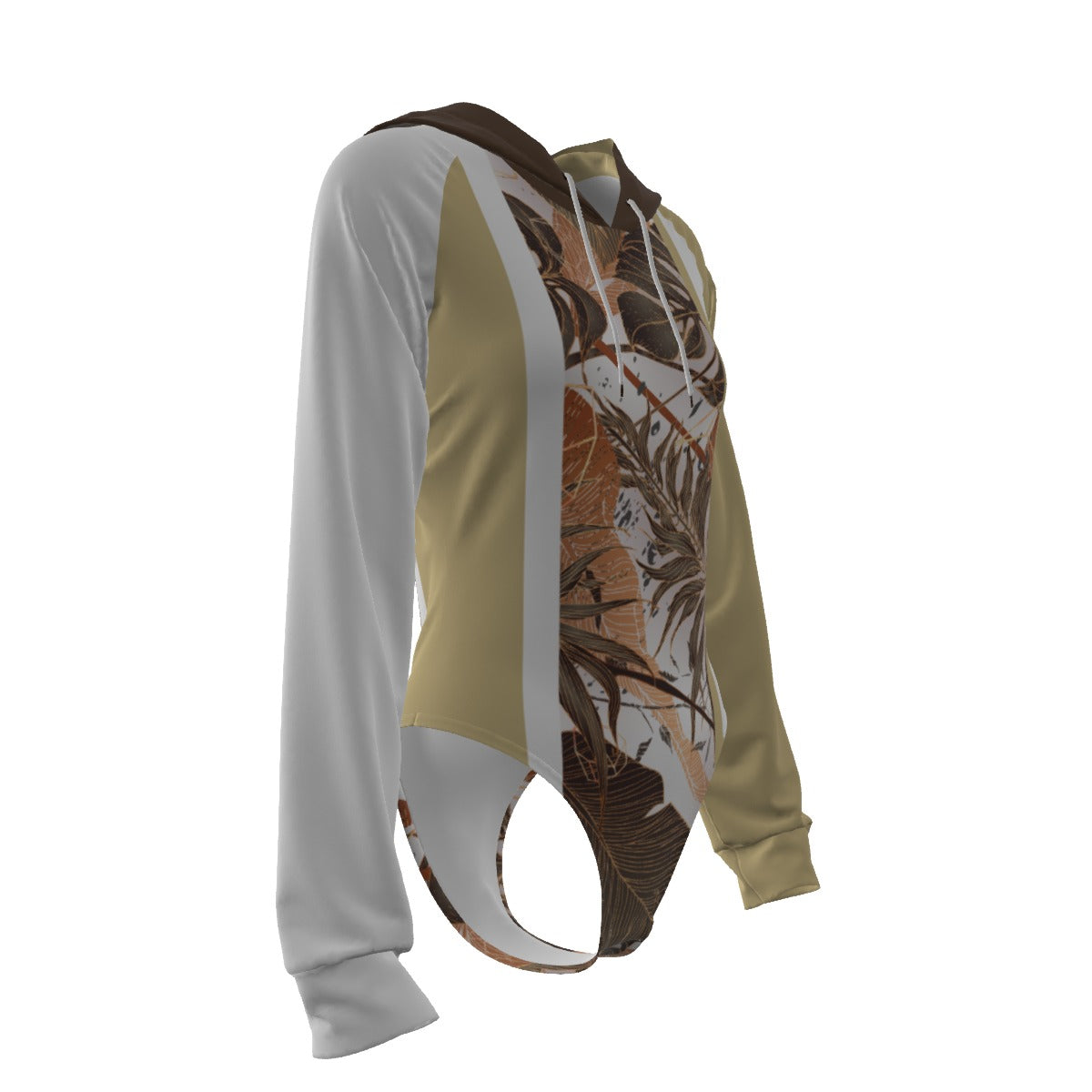 All-Over Print Women's Raglan Sleeve Hooded Bodysuit Dark Brown (Hood Only), Beige, White, Copper Gradient Leaves, Tropical, Rustic (Designed by Dunbi)