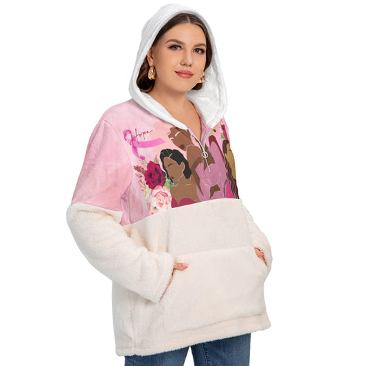 All-Over Print Women's Borg Fleece Hoodie With Half Zip (Plus Size) Unity, Hope, Pink, Hot Pink, Burgundy, Roses, Breast Cancer Awareness, Women, Black, Hispanic, White, Hair, Smooth (Designed by Dunbi)