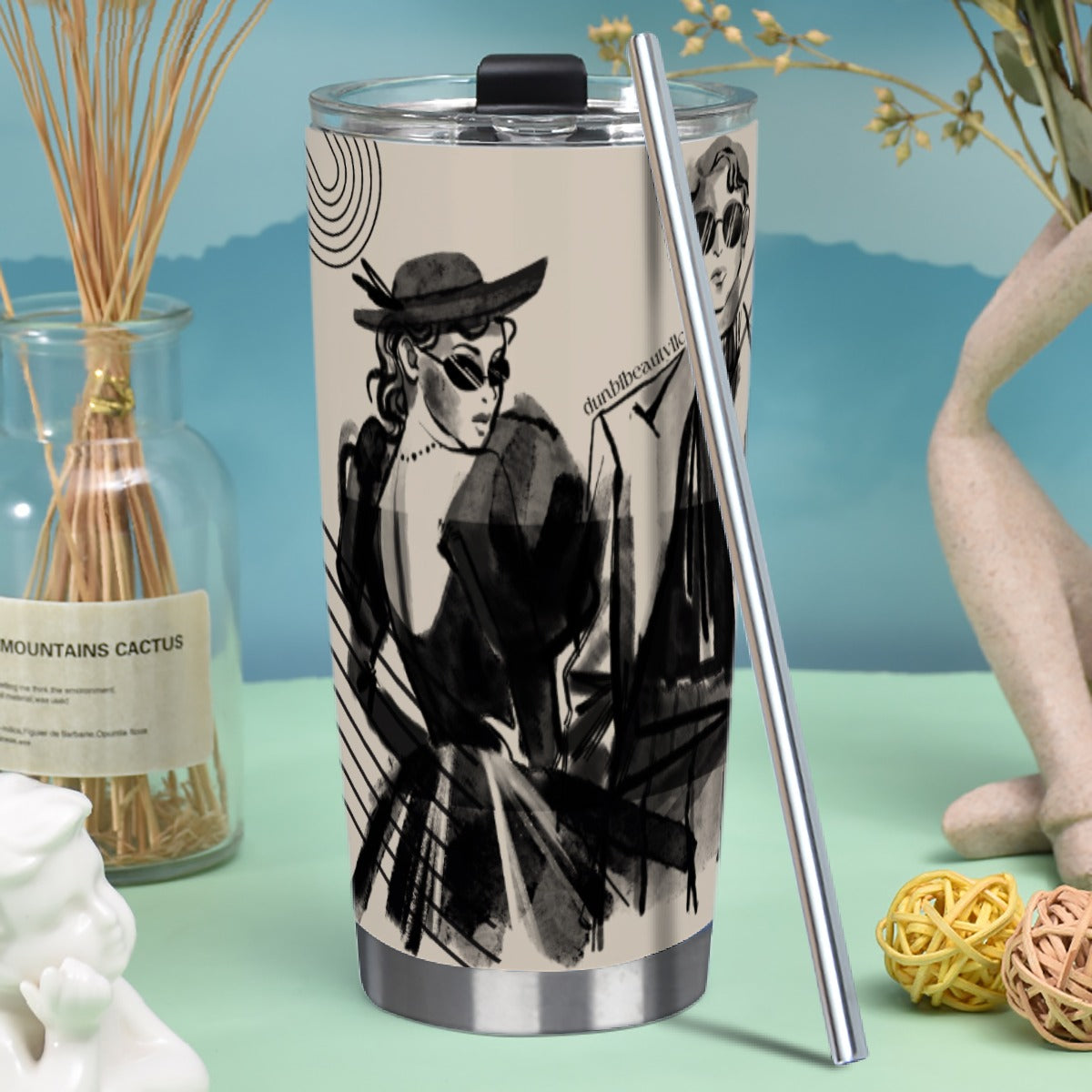 Tumbler 20oz (with Straw) Vintage-Modern, Fashion Forward Men & Women, Charcoal Art Style, Geometric, Chic, Stylish, Avant Garde, Runway (Designed by Dunbi)