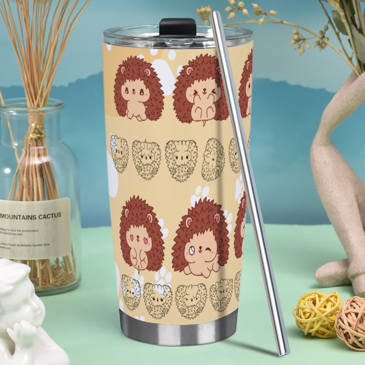 Tumbler 20oz (with Straw) Hedgehog, Kawaii, Animals, Paw Prints, Happy, Cute, Sleepy, Baby Animals, Brown, White (Designed by Dunbi)