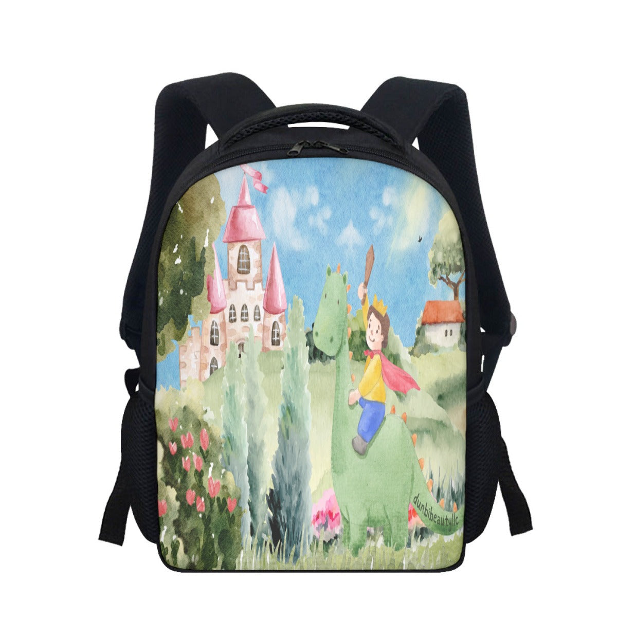 Student Backpack Boy, Watercolor, Castle, Dragon, Garden, Prince, Crown, Cape, Wooden Sword, Clouds (Designed by Dunbi)