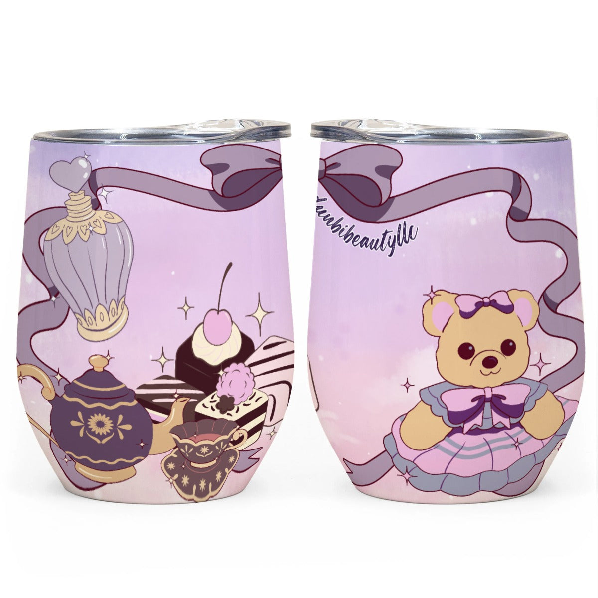 All-Over Print Egg Cup Wine Tumbler|12OZ Cute Teddy Bear, Tea Party, Ribbon, Bows, Cakes, Cute, Victorian, Doll, Cute Girl, Purple Style 2, Pastel Galaxy (Designed by Dunbi)