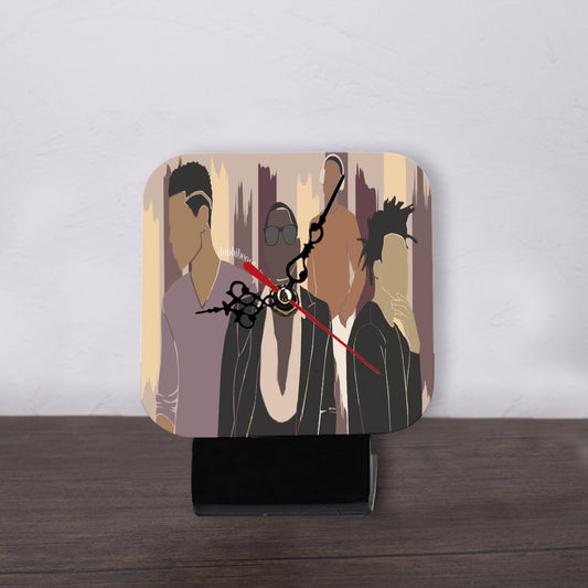 All-Over Print Square Shape Wood Clock Black Men, Music, Sophistication, Style, Youth, (Designed by Dunbi)