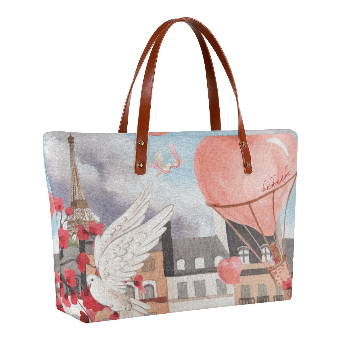 Women's Tote Bag | Diving Cloth Love Up in a Hot Air Balloon, Paris, Eiffel Tower, Dove, Flowers, Girl, Sky, Hearts (Designed by Dunbi)