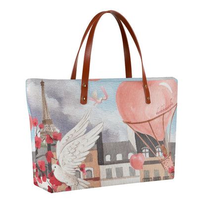 Women's Tote Bag | Diving Cloth Love Up in a Hot Air Balloon, Paris, Eiffel Tower, Dove, Flowers, Girl, Sky, Hearts (Designed by Dunbi)