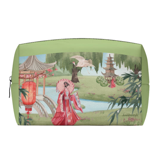 PU Cosmetic Bag Asian Garden, Beauty, Peace, Serenity, Home, Happiness, Crane, River, Historic, Chinese Dynasty, Hanfu, Mossy Green (Designed by Dunbi)