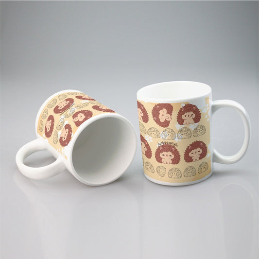 All-over print mug Hedgehog, Kawaii, Animals, Paw Prints, Happy, Cute, Sleepy, Baby Animals, Brown, White (Designed by Dunbi)