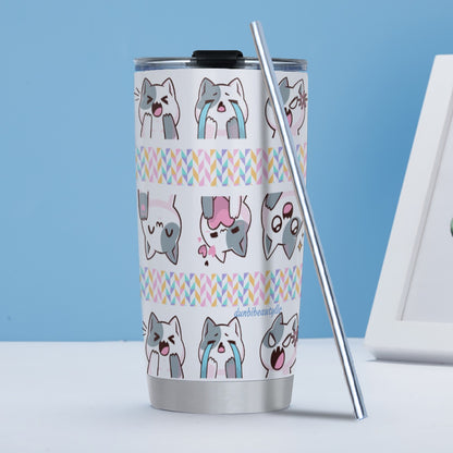 Tumbler 20oz (with Straw) Kawaii Cat, Anime Style, Cartoon, Emotions, Happy, Sad, Angry, Laughing, White Background (Designed by Dunbi)